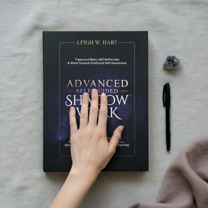Top-down view of Advanced Self-Guided Shadow Work workbook with a hand, pen, and amethyst crystal, demonstrating the journal’s true size and reflective shadow work practice — for Carpe Diem Dream