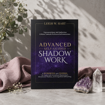 Advanced Self-Guided Shadow Work paperback workbook by Leigh W. Hart displayed with amethyst, clear quartz, mauve textile, and soft botanical shadows in a reflective shadow work setting — for Carpe Diem Dream