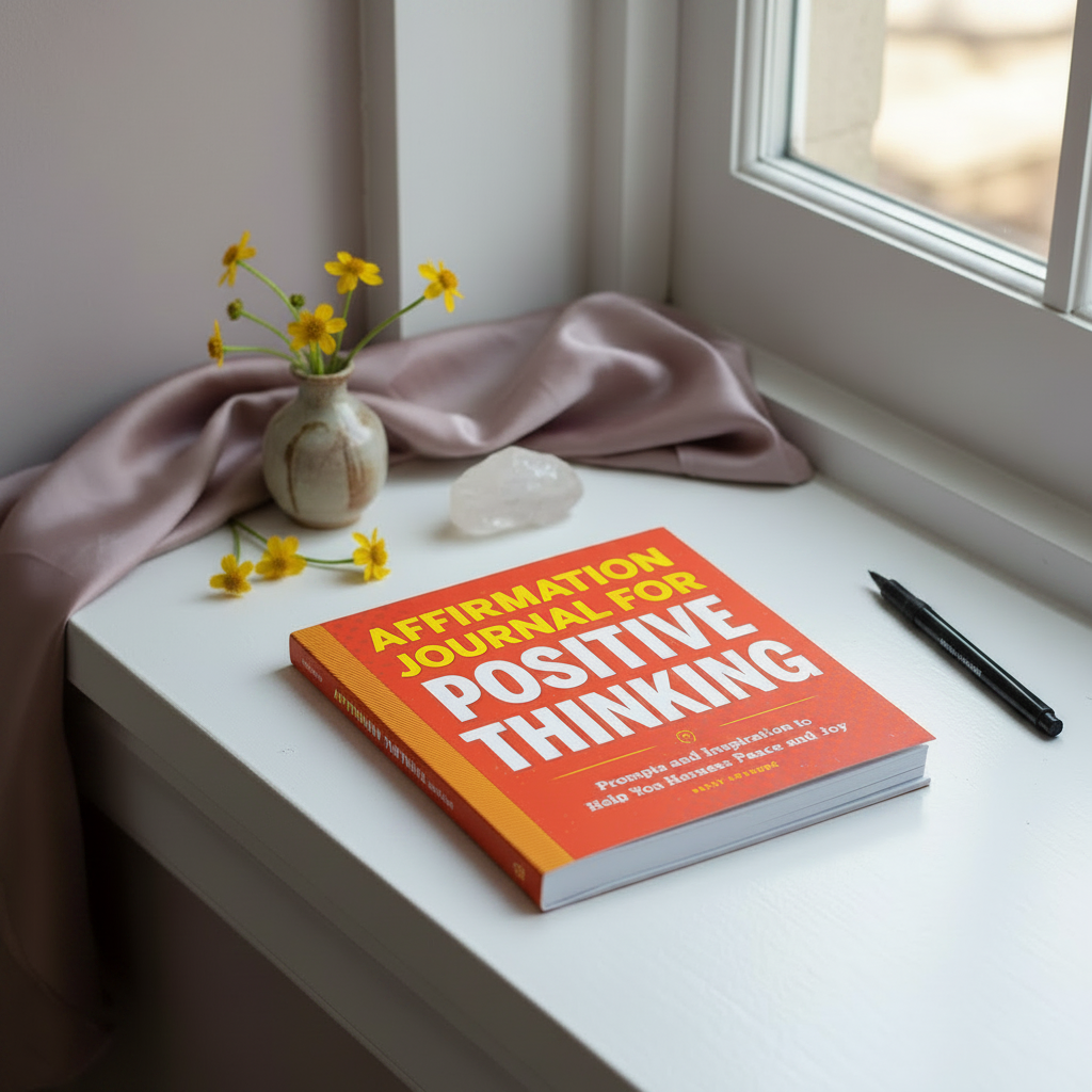 Affirmation Journal for Positive Thinking paperback displayed on a bright windowsill with a pen, soft mauve textile, and cheerful yellow flowers, creating an uplifting space for gratitude, reflection, and positive mindset practice — for Carpe Diem Dream