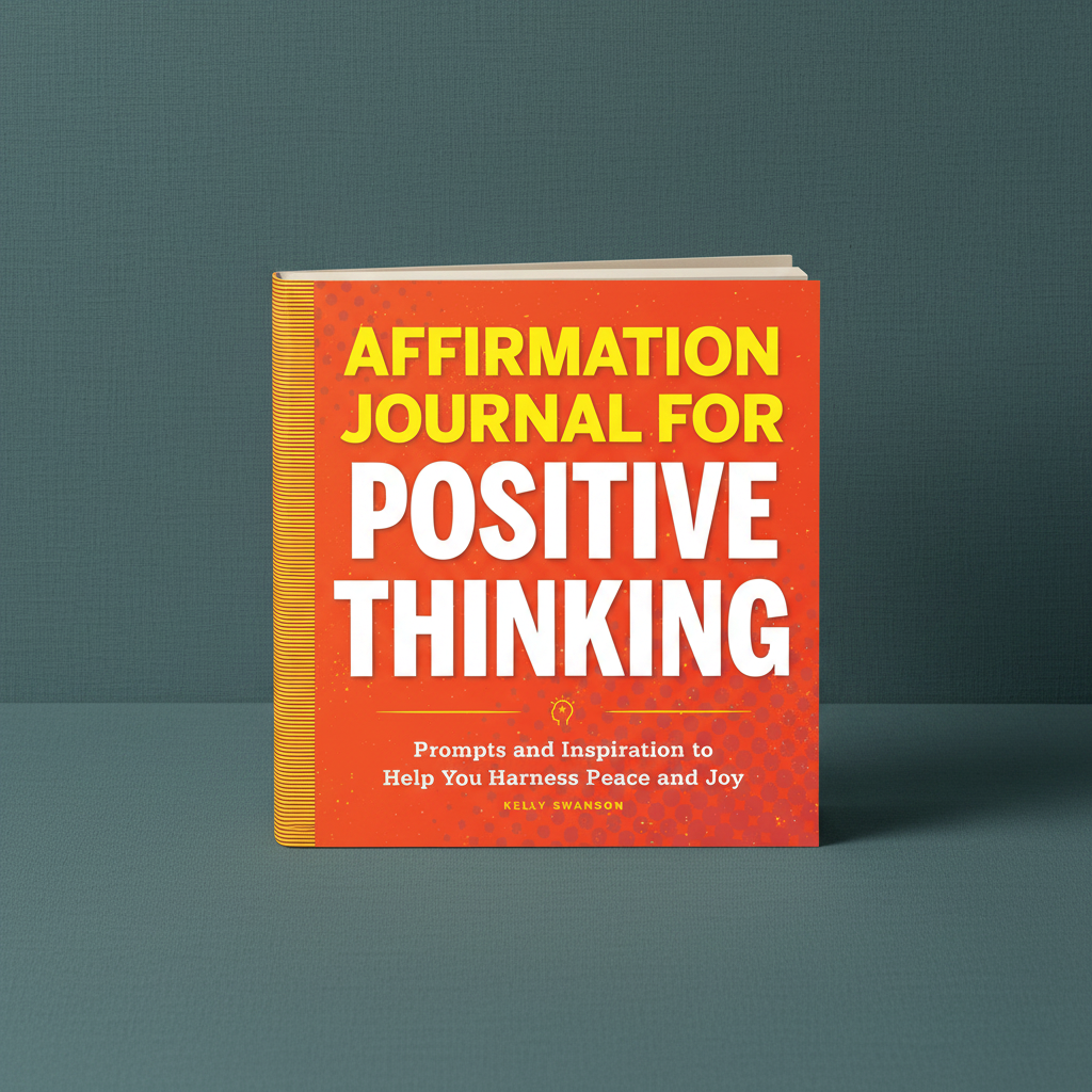 Affirmation Journal for Positive Thinking paperback by Kelly Swanson displayed upright on a dark teal linen background featuring guided affirmations and positivity-focused journaling — for Carpe Diem Dream