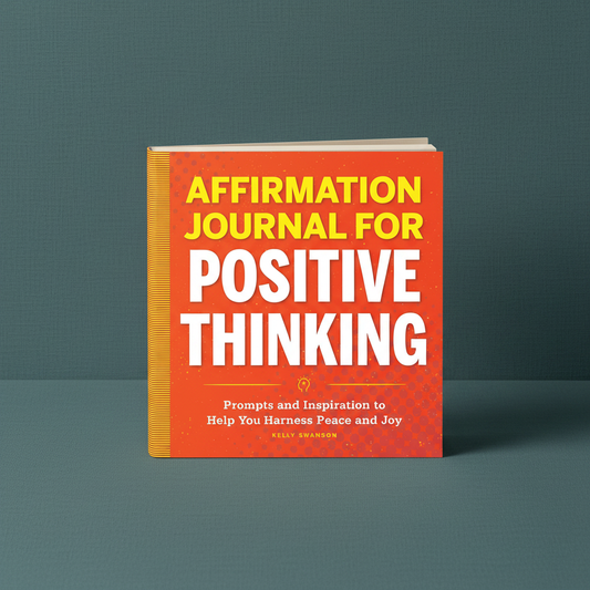 Affirmation Journal for Positive Thinking paperback by Kelly Swanson displayed upright on a dark teal linen background featuring guided affirmations and positivity-focused journaling — for Carpe Diem Dream