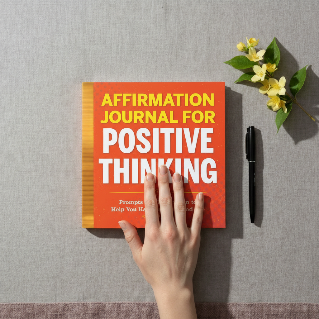 Affirmation Journal for Positive Thinking paperback shown from above with a hand and pen, demonstrating the journal’s true 8 x 8 inch size for daily reflection and positive mindset practice — for Carpe Diem Dream