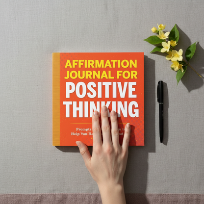 Affirmation Journal for Positive Thinking paperback shown from above with a hand and pen, demonstrating the journal’s true 8 x 8 inch size for daily reflection and positive mindset practice — for Carpe Diem Dream