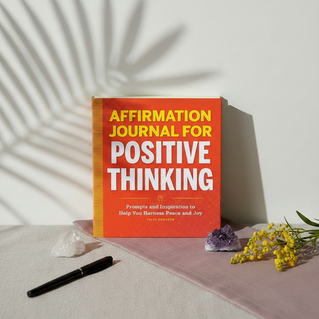 Affirmation Journal for Positive Thinking paperback by Kelly Swanson displayed with amethyst, clear quartz, soft mauve textiles, and botanical shadows in an uplifting mindfulness setting — for Carpe Diem Dream