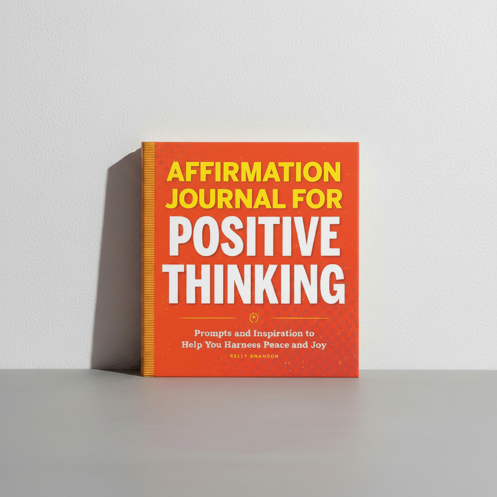 Affirmation Journal for Positive Thinking paperback by Kelly Swanson displayed upright against a soft plaster wall, highlighting guided affirmations and reflective journaling prompts for personal growth — for Carpe Diem Dream