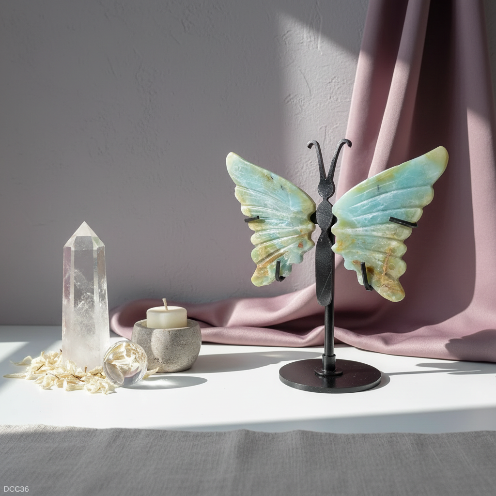 Amazonite crystal butterfly wings on a black stand styled with soft draped fabric, a clear quartz point, and a candle in gentle natural light. — for Carpe Diem Dream