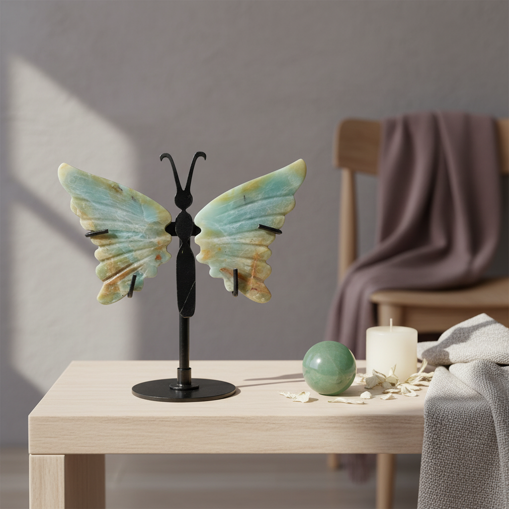 Amazonite crystal butterfly wings on a black stand displayed on a wooden table with a candle, green stone sphere, and soft textiles in a calm spa-inspired setting. — for Carpe Diem Dream