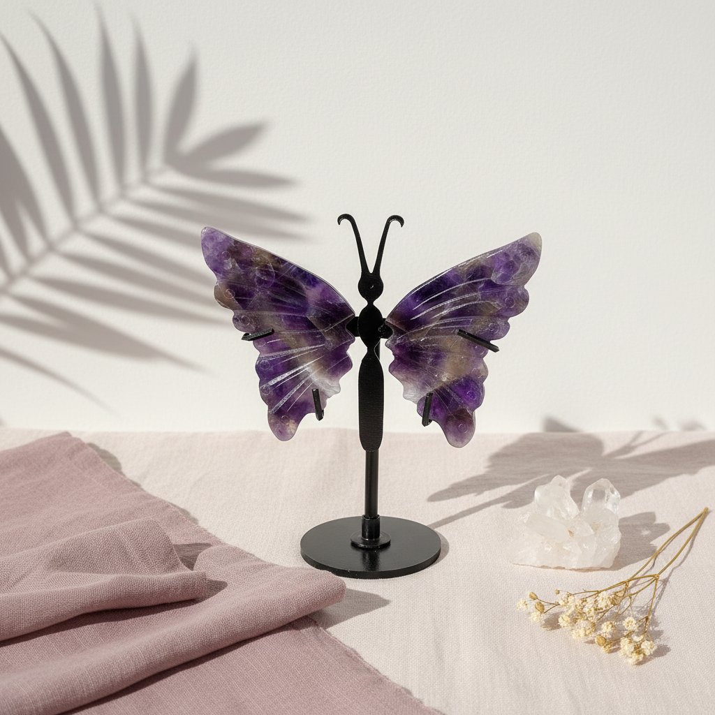 Amethyst crystal butterfly wings on a black stand styled on a linen surface with a soft botanical shadow, crystal accent, and draped fabric in natural light. — for Carpe Diem Dream