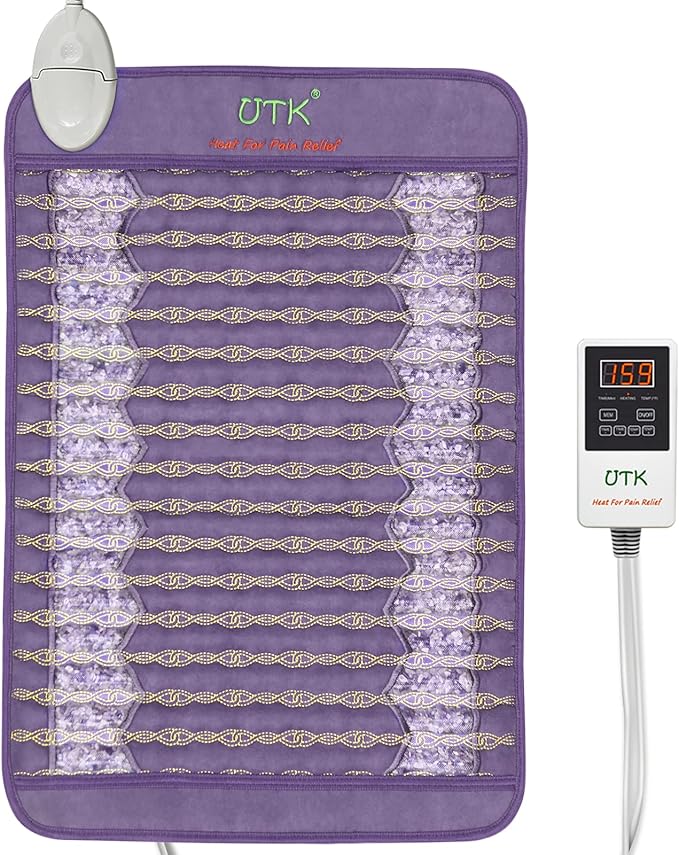 Amethyst far infrared heating pad with embedded crystal stones and digital temperature controller displayed on a white background. — for Carpe Diem Dream