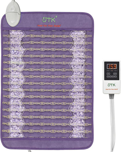 Amethyst far infrared heating pad with embedded crystal stones and digital temperature controller displayed on a white background. — for Carpe Diem Dream