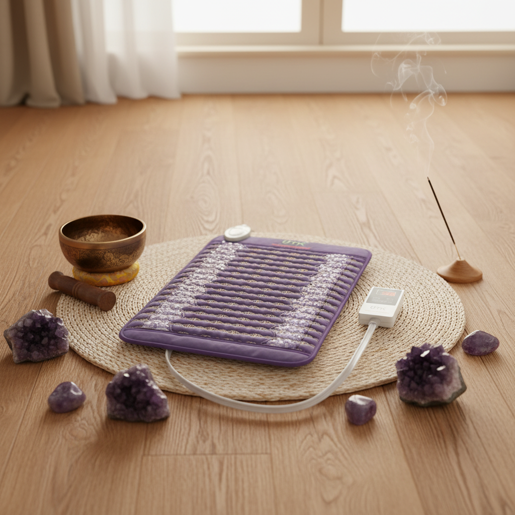 Amethyst far infrared heating pad arranged in a meditation setting with crystals, incense, and a singing bowl on a wooden floor. — for Carpe Diem Dream