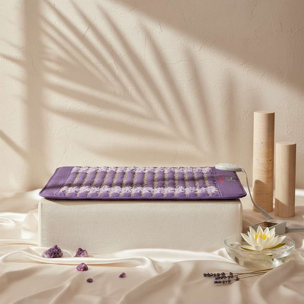 Amethyst far infrared heating pad displayed on a soft neutral surface with crystal stones, spa elements, and botanical shadows. — for Carpe Diem Dream