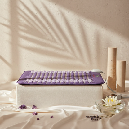 Amethyst far infrared heating pad displayed on a soft neutral surface with crystal stones, spa elements, and botanical shadows. — for Carpe Diem Dream