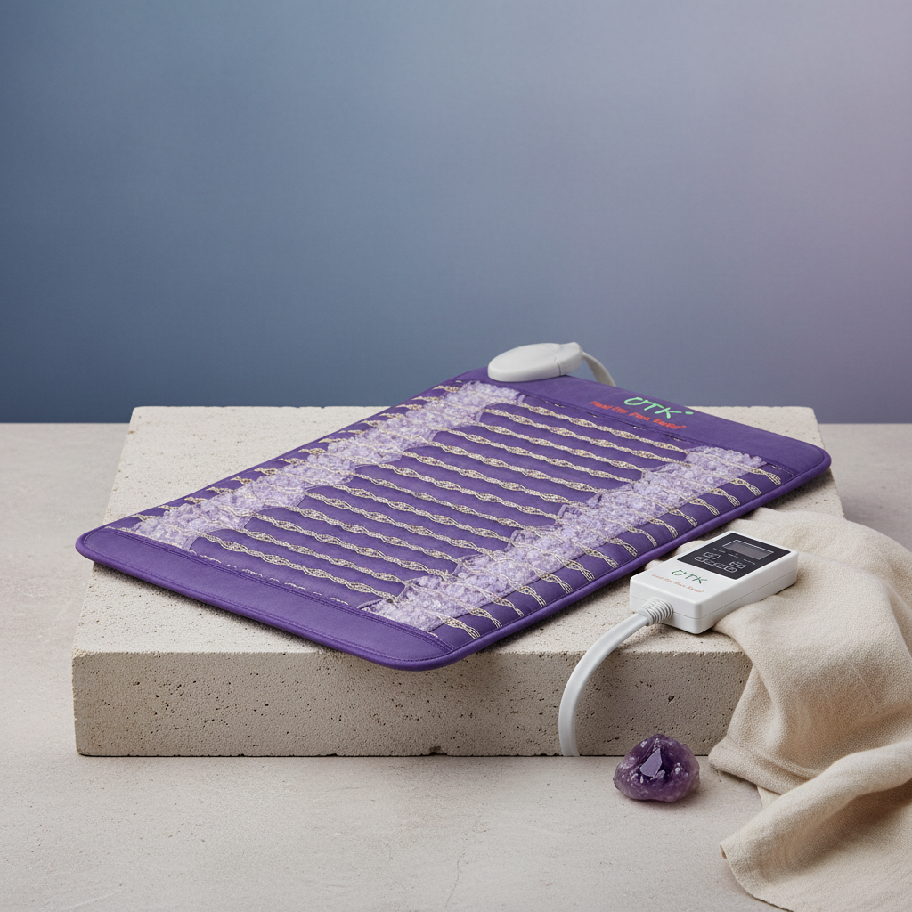 Amethyst far infrared heating pad with embedded crystal stones and digital temperature controller displayed on a stone platform. — for Carpe Diem Dream