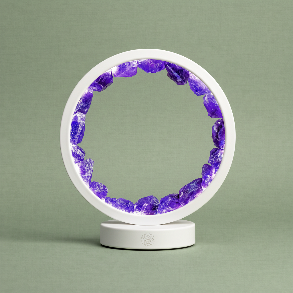 Round LED halo lamp filled with natural amethyst stones displayed upright against muted sage backdrop. — for Carpe Diem Dream
