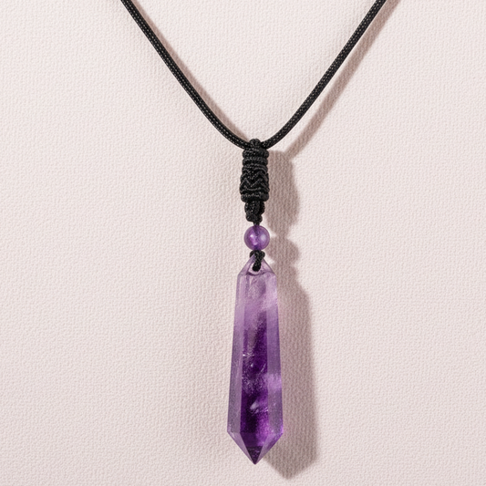 Amethyst crystal pendant on a black cord displayed against a soft textured backdrop with gentle natural lighting. — for Carpe Diem Dream