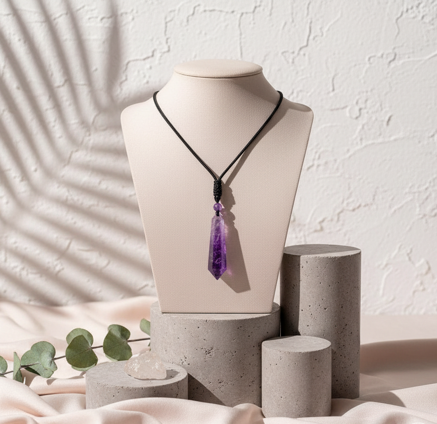 Amethyst crystal pendant displayed on a necklace stand beside smooth concrete pedestals with soft botanical shadows on a textured wall. — for Carpe Diem Dream