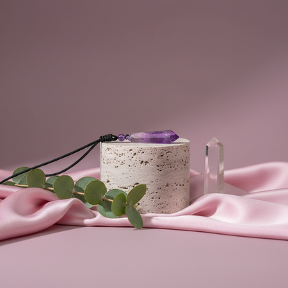 Amethyst crystal pendant on a black cord resting on a travertine plinth beside eucalyptus sprigs with soft textured draping on a muted pink backdrop. — for Carpe Diem Dream
