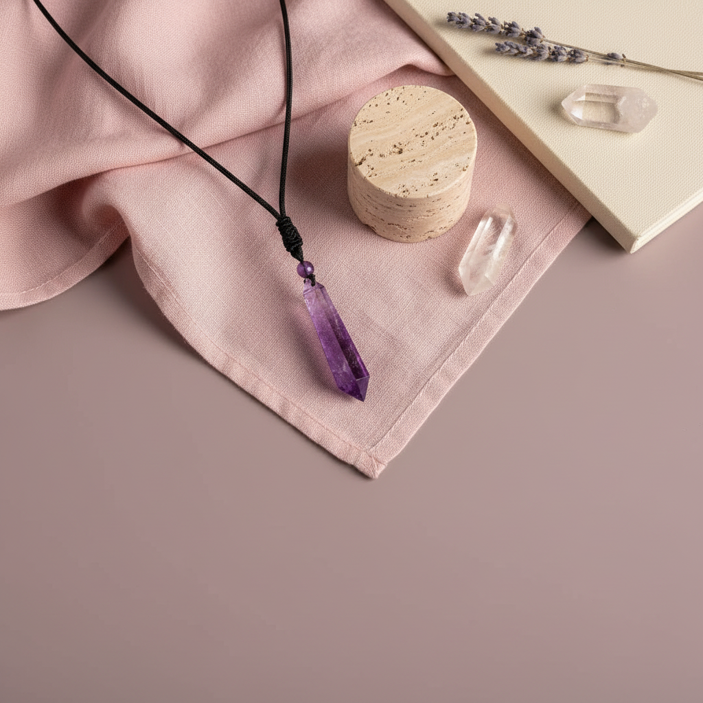 Amethyst crystal pendant on a black cord arranged in a serene flatlay with botanical accents and soft draped textiles — for Carpe Diem Dream