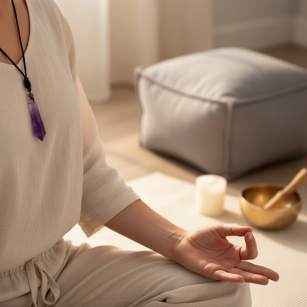 Amethyst crystal pendant worn on a black cord resting naturally during a seated meditation pose with soft neutral light. — for Carpe Diem Dream