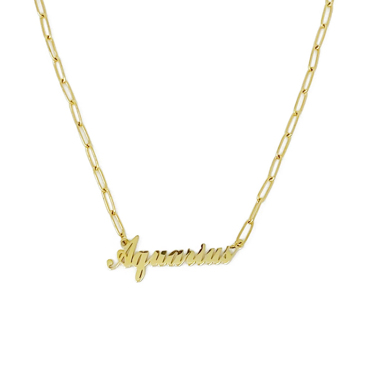 Gold Annie Zodiac Chain Necklace with scripted Aquarius constellation pendant, displayed on white background