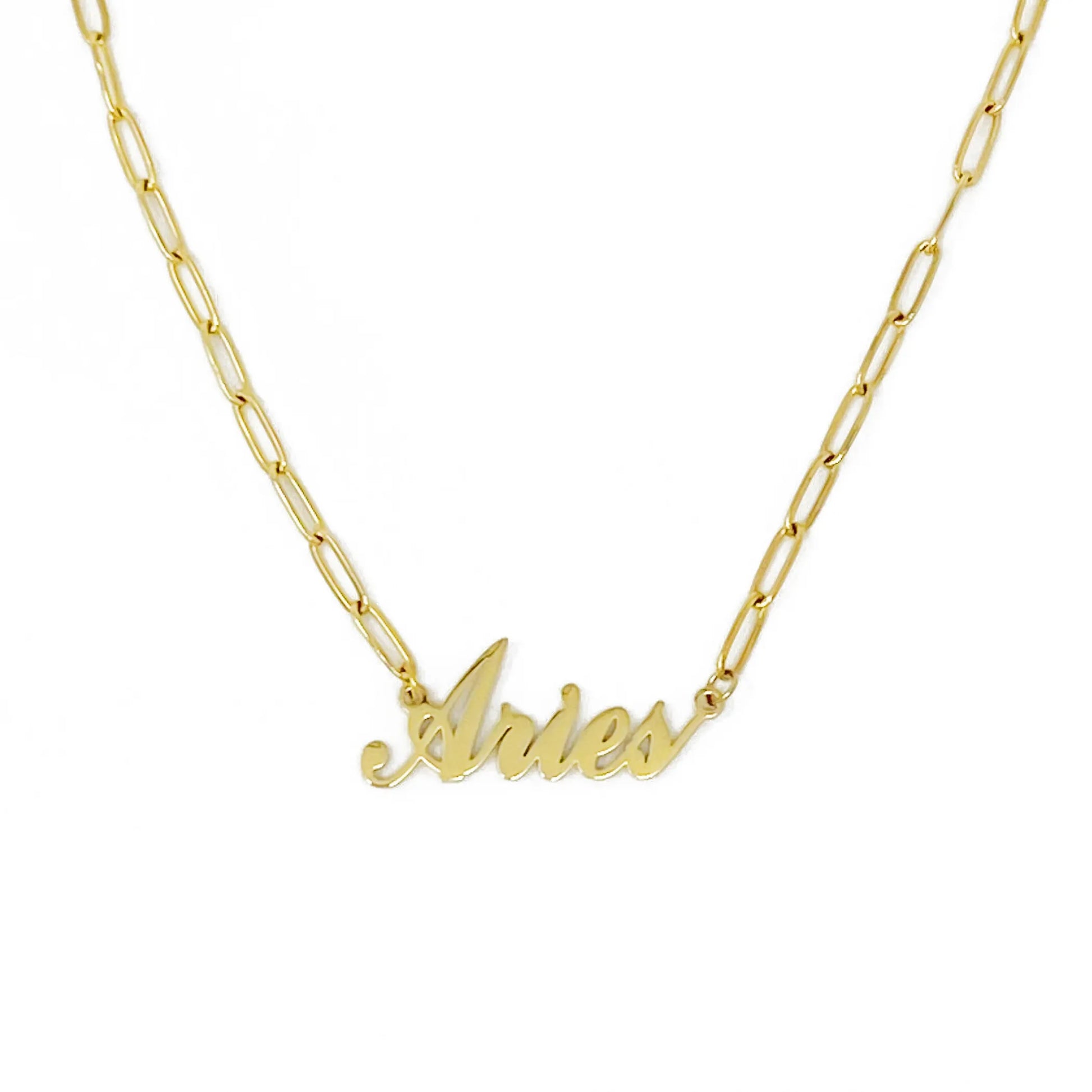 Gold Annie Zodiac Chain Necklace with scripted Aries constellation pendant, displayed on white background