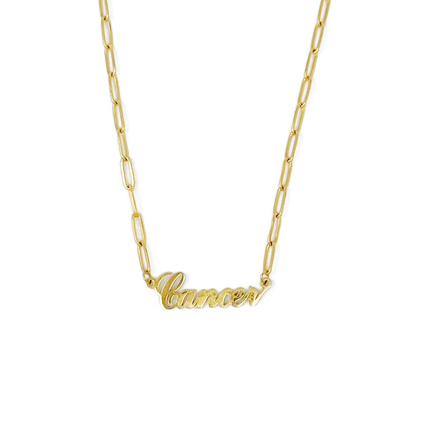 Gold Annie Zodiac Chain Necklace with scripted Cancer constellation pendant, displayed on white background