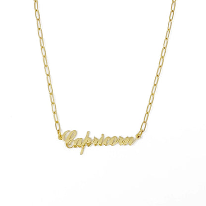 Gold Annie Zodiac Chain Necklace with scripted Capricorn constellation pendant, displayed on white background