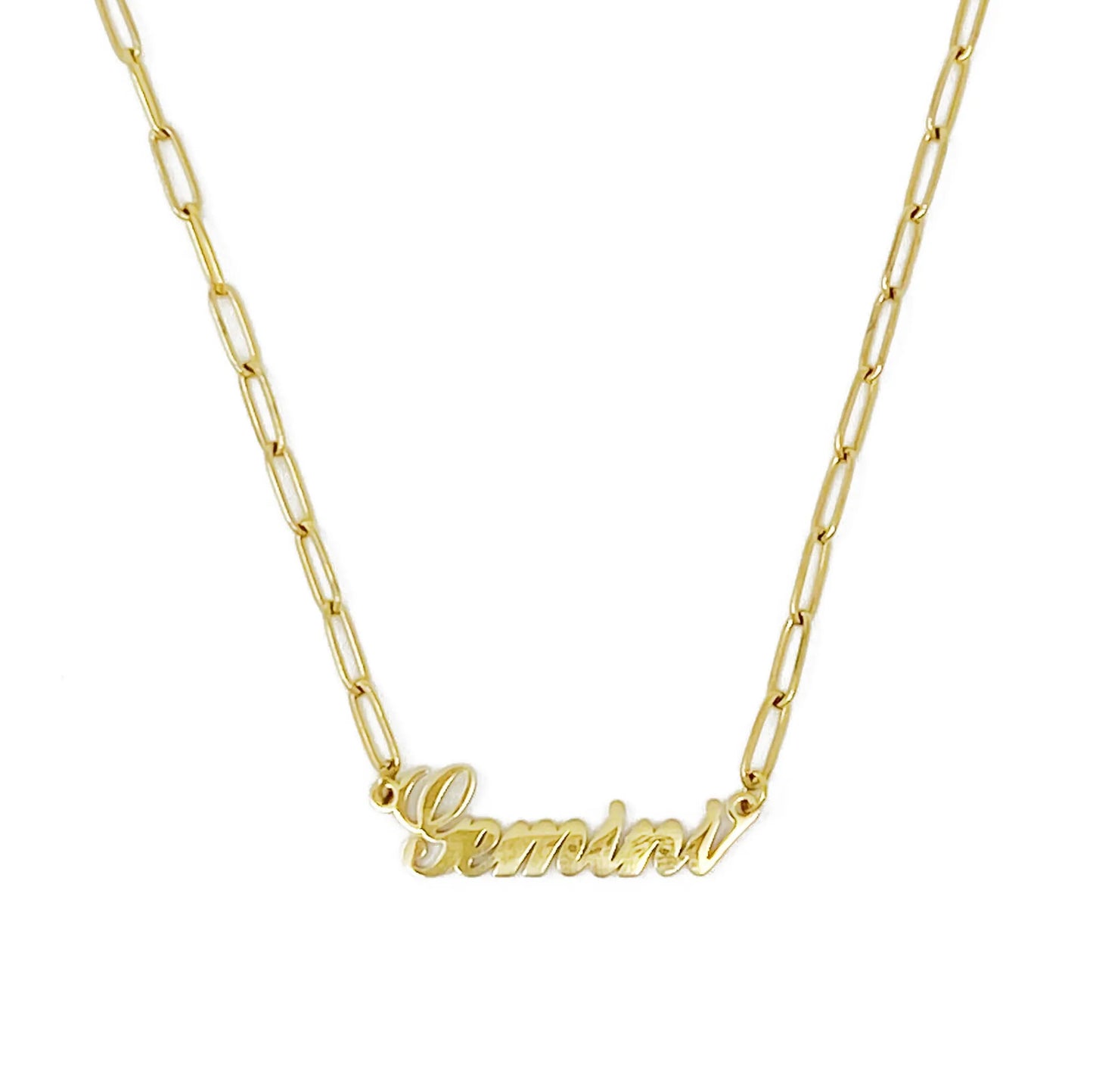 Gold Annie Zodiac Chain Necklace with scripted Gemini constellation pendant, displayed on white background