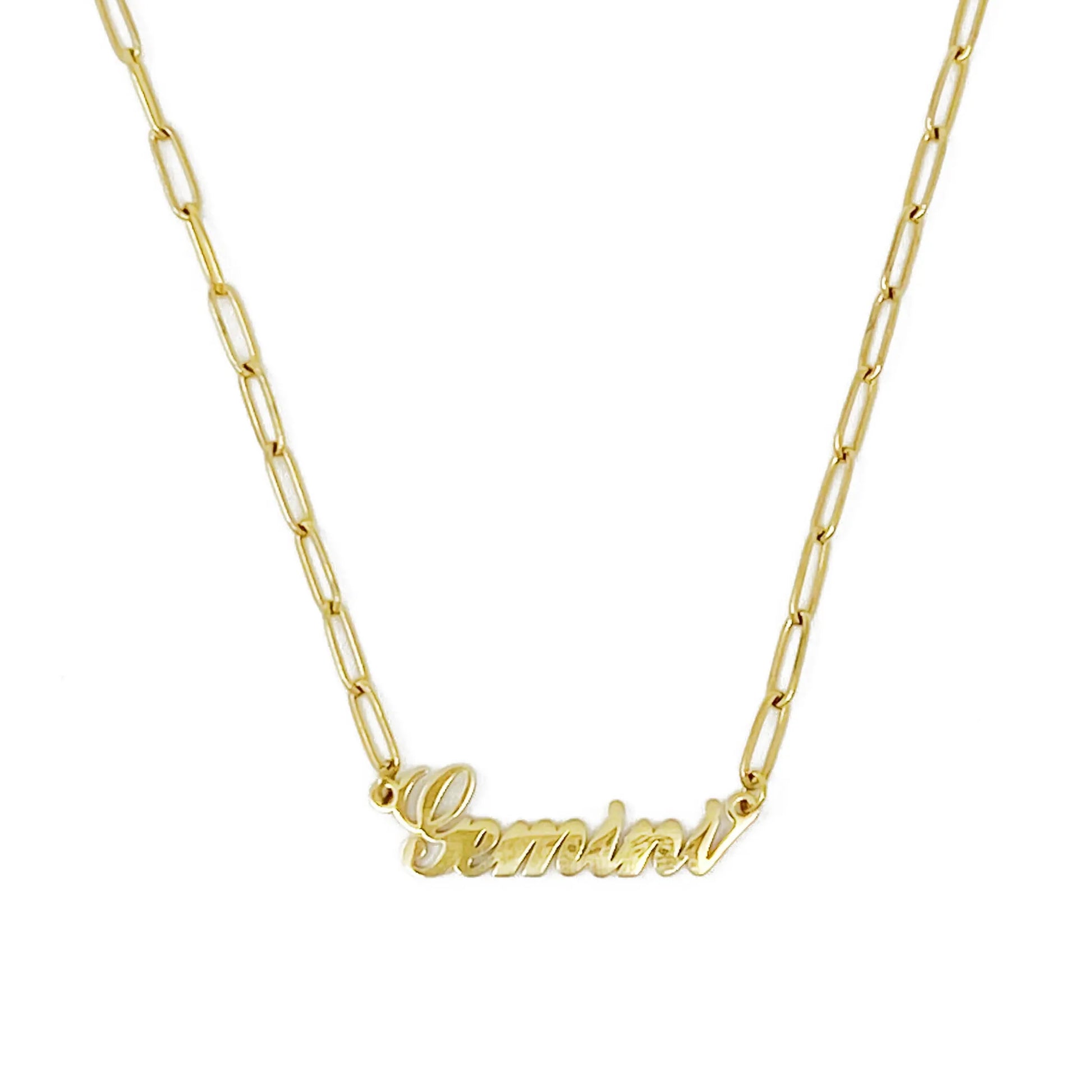 Gold Annie Zodiac Chain Necklace with scripted Gemini constellation pendant, displayed on white background