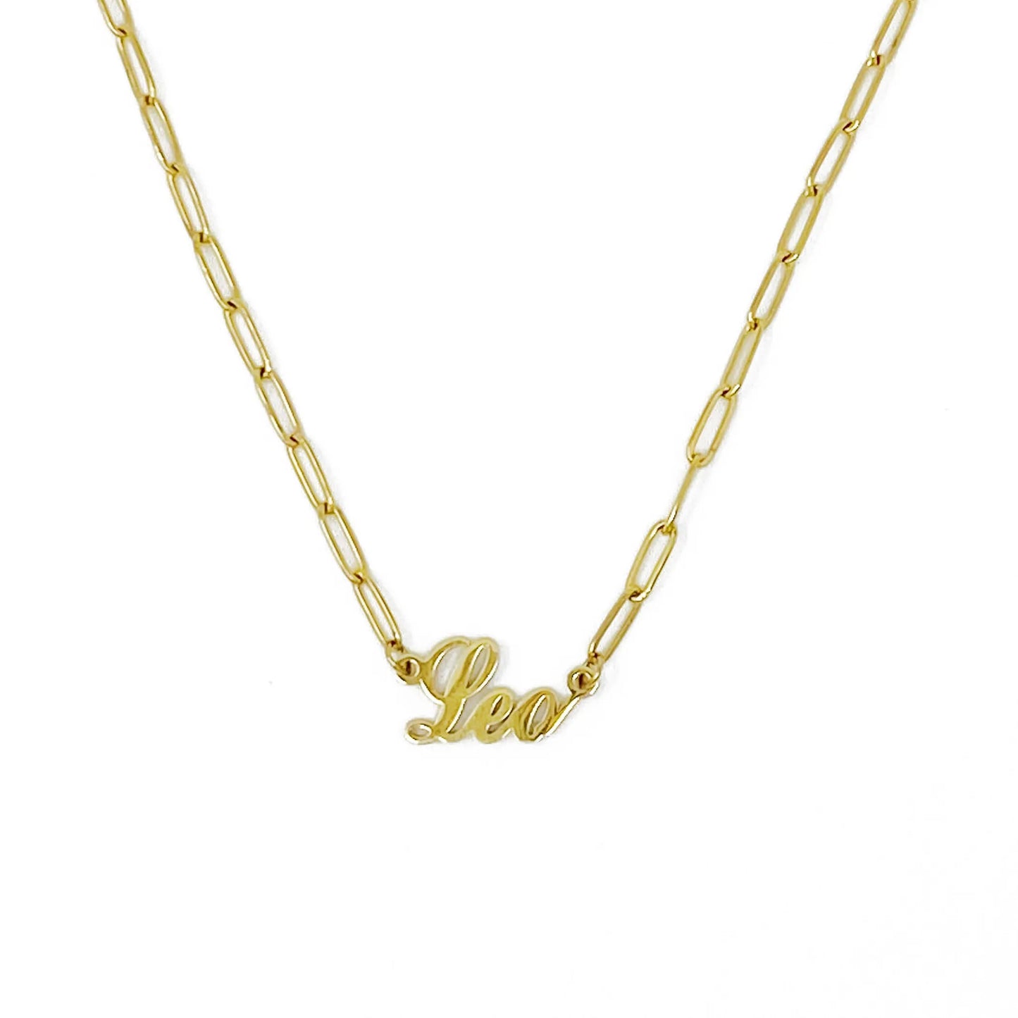 Gold Annie Zodiac Chain Necklace with scripted Leo constellation pendant, displayed on white background