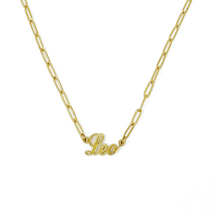 Gold Annie Zodiac Chain Necklace with scripted Leo constellation pendant, displayed on white background