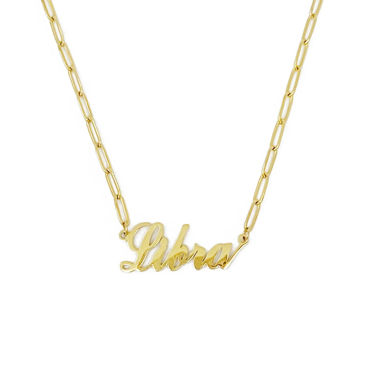 Gold Annie Zodiac Chain Necklace with scripted Libra constellation pendant, displayed on white background