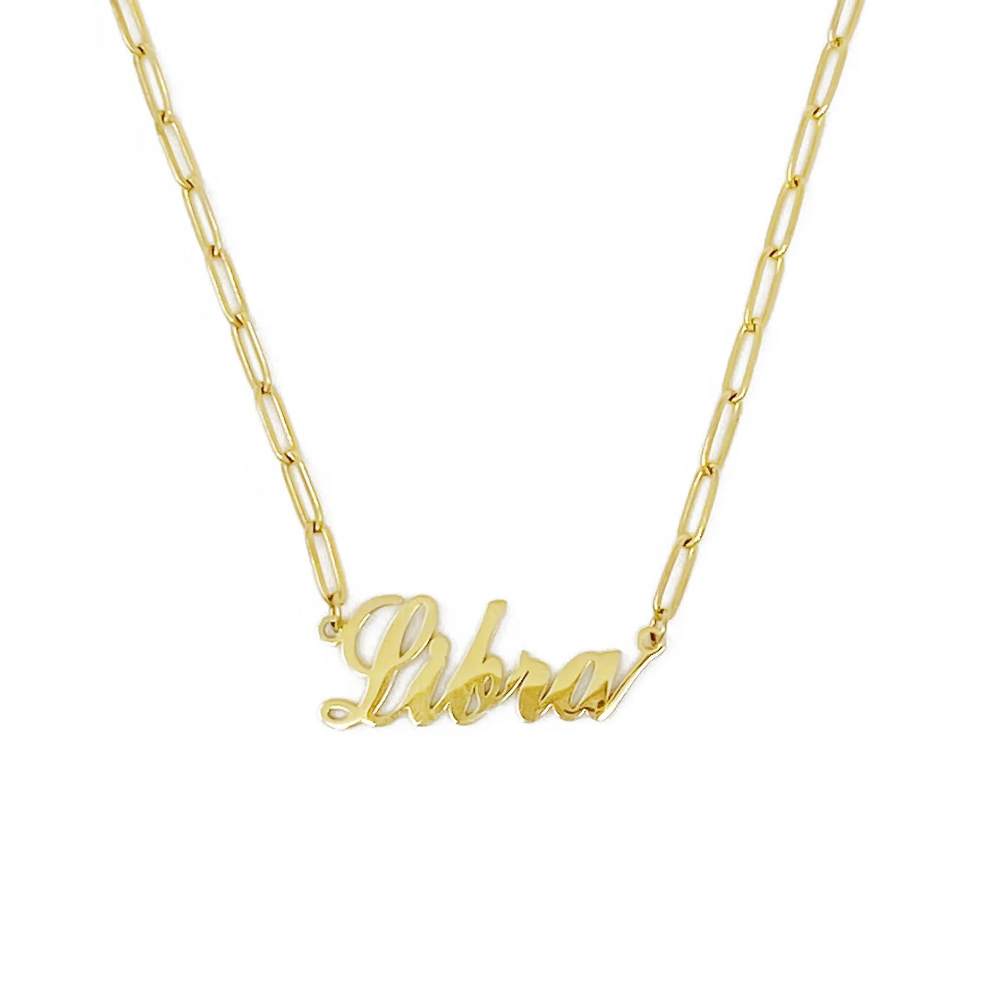 Gold Annie Zodiac Chain Necklace with scripted Libra constellation pendant, displayed on white background