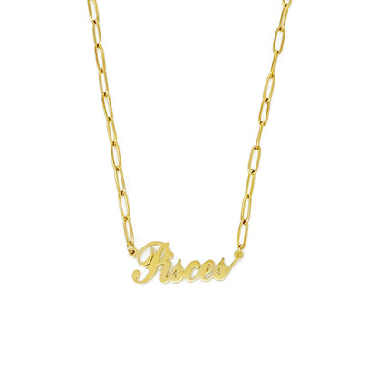 Gold Annie Zodiac Chain Necklace with scripted Pisces constellation pendant, displayed on white background