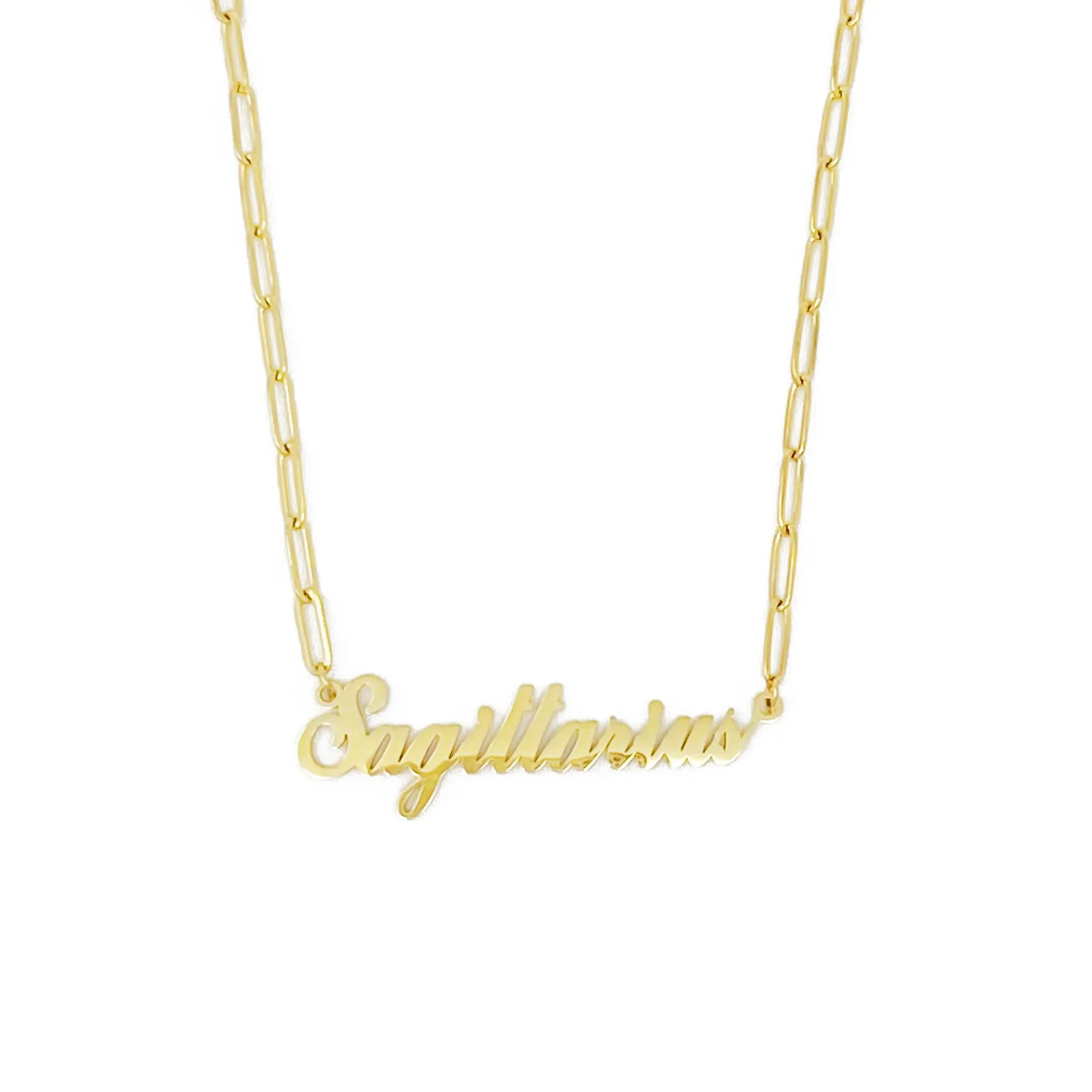 Gold Annie Zodiac Chain Necklace with scripted Sagittarius constellation pendant, displayed on white background