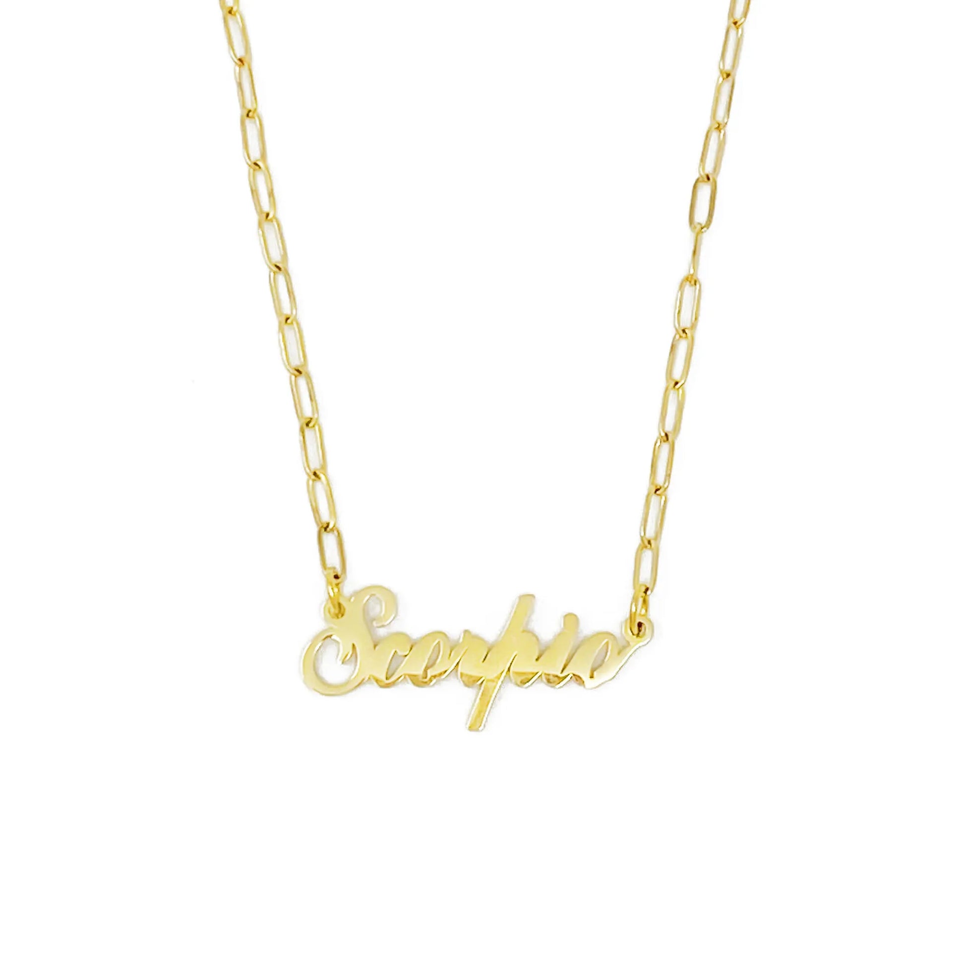 Gold Annie Zodiac Chain Necklace with scripted Scorpio constellation pendant, displayed on white background