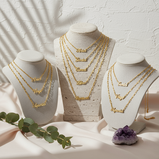 Gold Annie Zodiac Chain Necklaces with scripted constellation pendant, displayed on botanical pink silk travertine necklace stands with eucalyptus and amethyst for Carpe Diem Dream