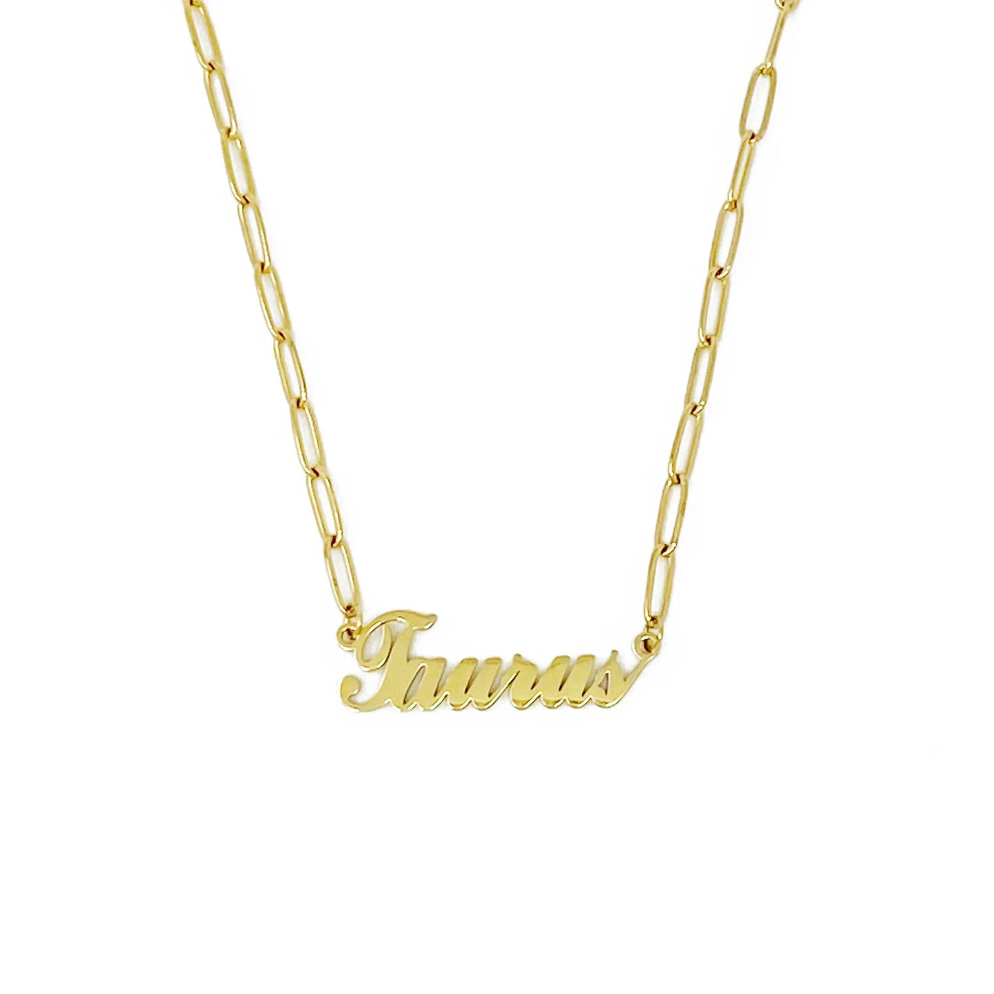 Gold Annie Zodiac Chain Necklace with scripted Taurus constellation pendant, displayed on white background