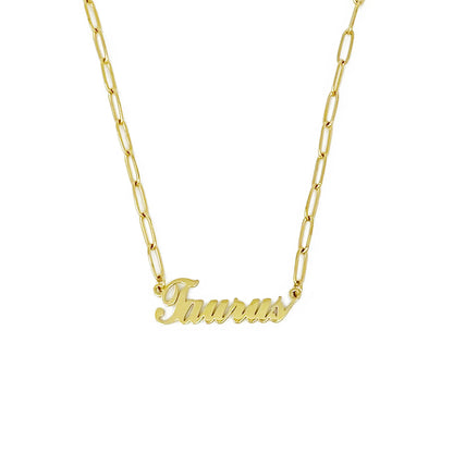 Gold Annie Zodiac Chain Necklace with scripted Taurus constellation pendant, displayed on white background