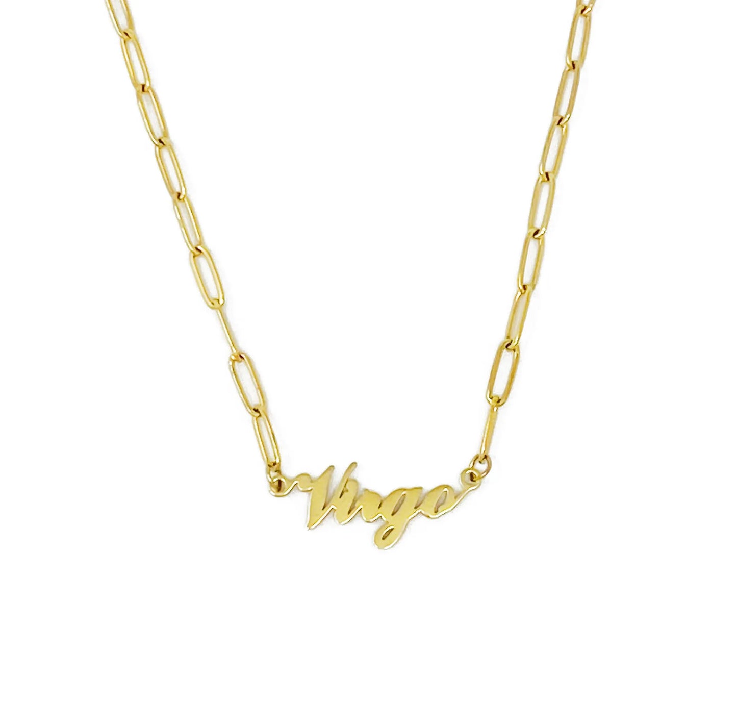 Gold Annie Zodiac Chain Necklace with scripted Virgo constellation pendant, displayed on white background