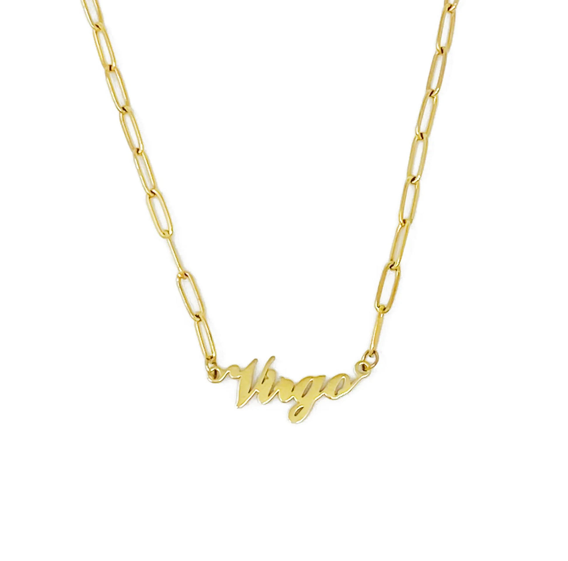 Gold Annie Zodiac Chain Necklace with scripted Virgo constellation pendant, displayed on white background