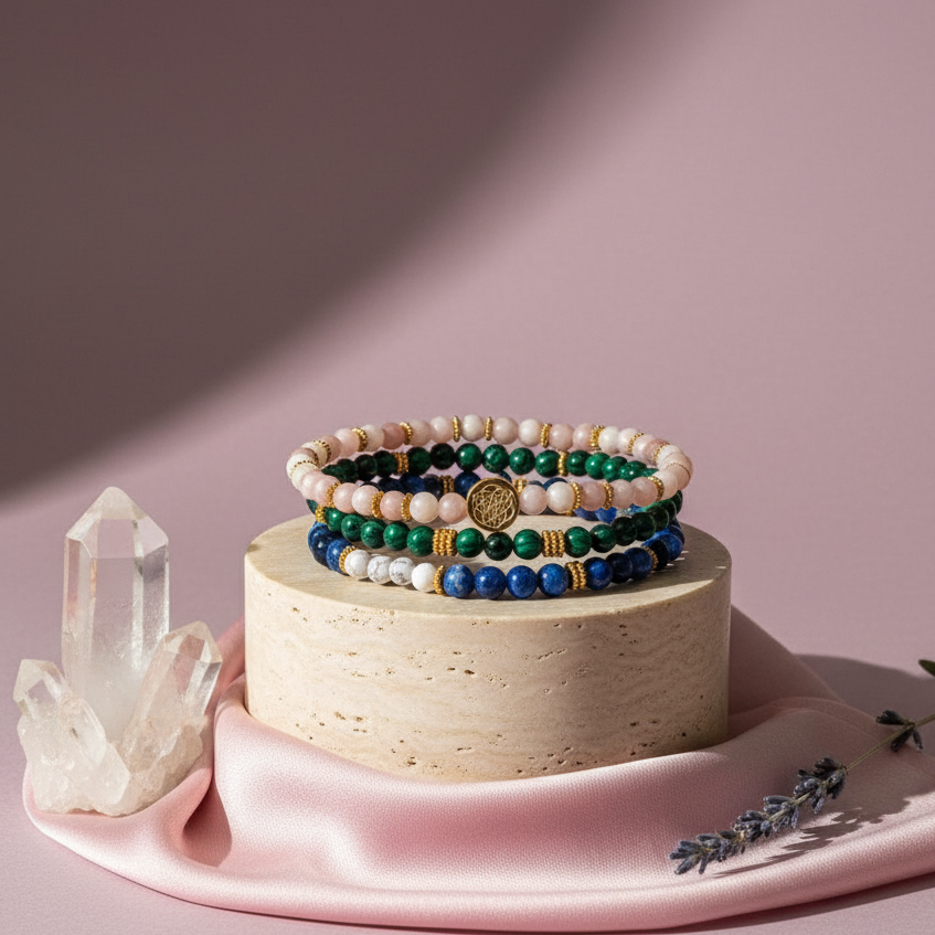 Multicolored love bracelets displayed on a stone pedestal with clear quartz crystals and pink silk fabric. — for Carpe Diem Dream