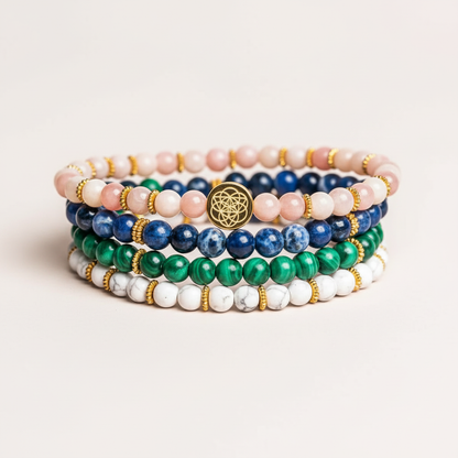 Multicolored love bracelets stacked in a neat circle on soft neutral studio background. — for Carpe Diem Dream