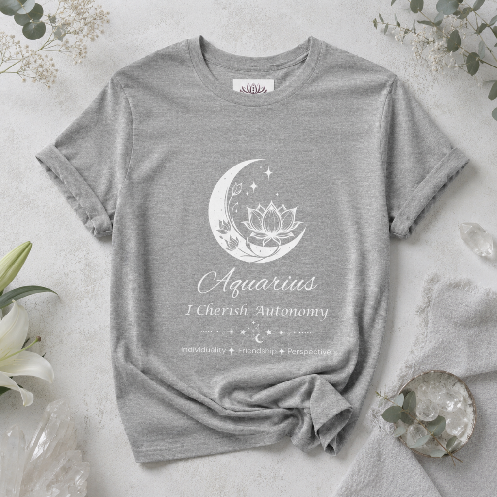 Aquarius Moon I Cherish Autonomy zodiac T-shirt in Athletic Heather with white moon-inspired lotus, floral, and celestial artwork and Individuality, Friendship, Perspective text, styled in a cool-toned studio botanical flat lay. — for Carpe Diem Dream