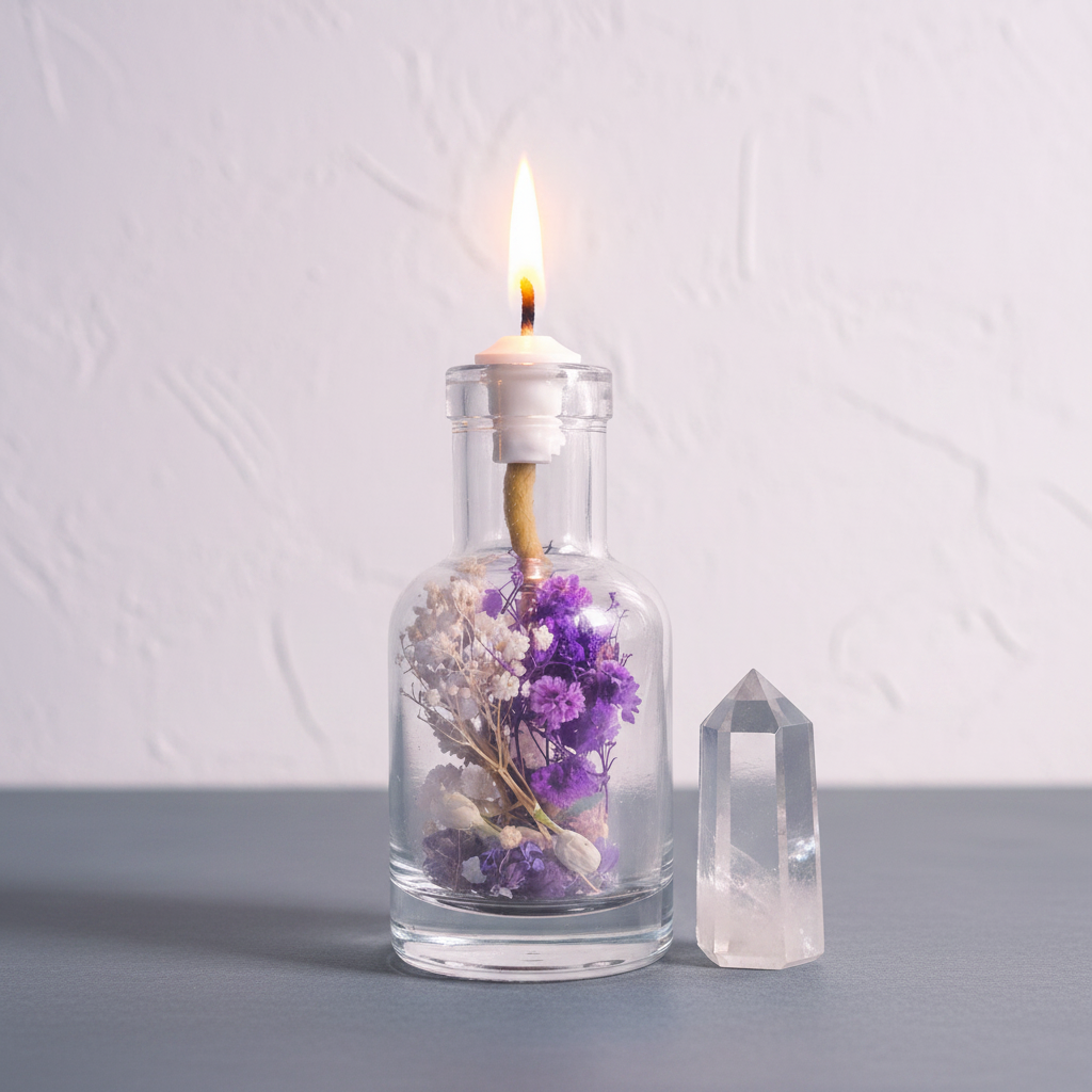 A 12 oz refillable Aquarius oil candle in a clear glass vessel with dried purple flowers is displayed beside a clear quartz point for size reference on a neutral surface. — for Carpe Diem Dream