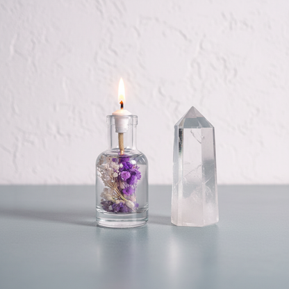 A small 3 oz refillable Aquarius oil candle in a clear glass vessel with dried purple flowers is shown beside a clear quartz point for size reference on a neutral surface. — for Carpe Diem Dream