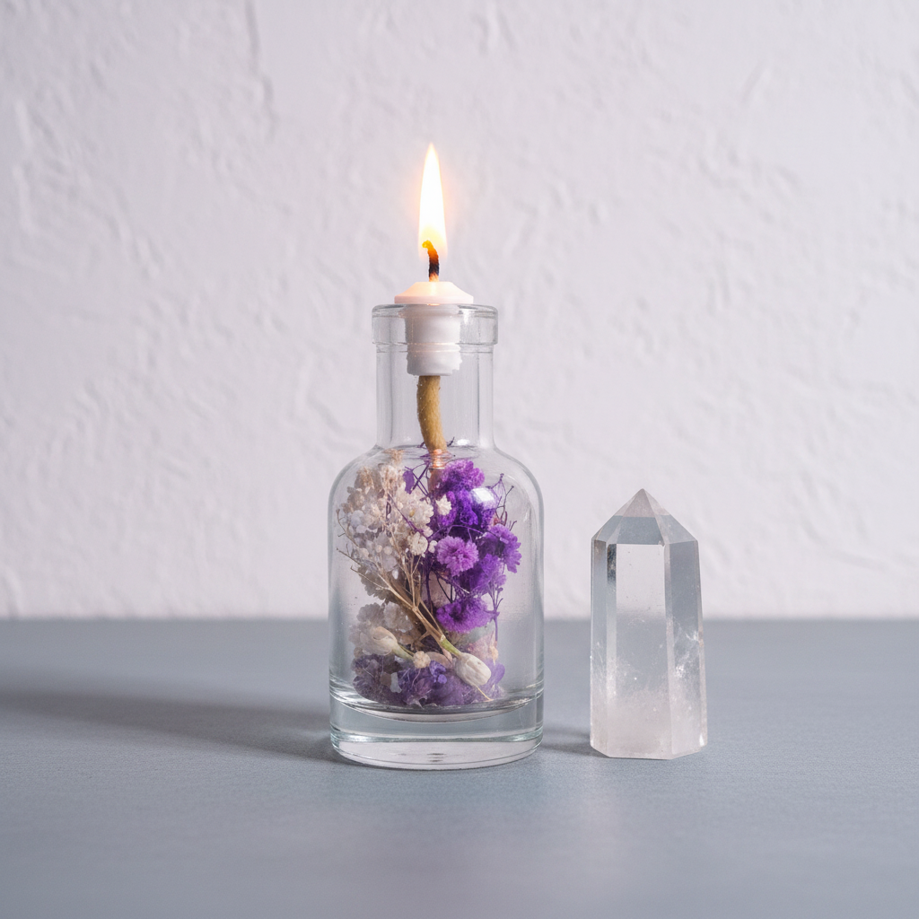 A 6 oz refillable Aquarius oil candle in a clear glass vessel with dried purple flowers is displayed beside a clear quartz point for size reference on a neutral surface. — for Carpe Diem Dream