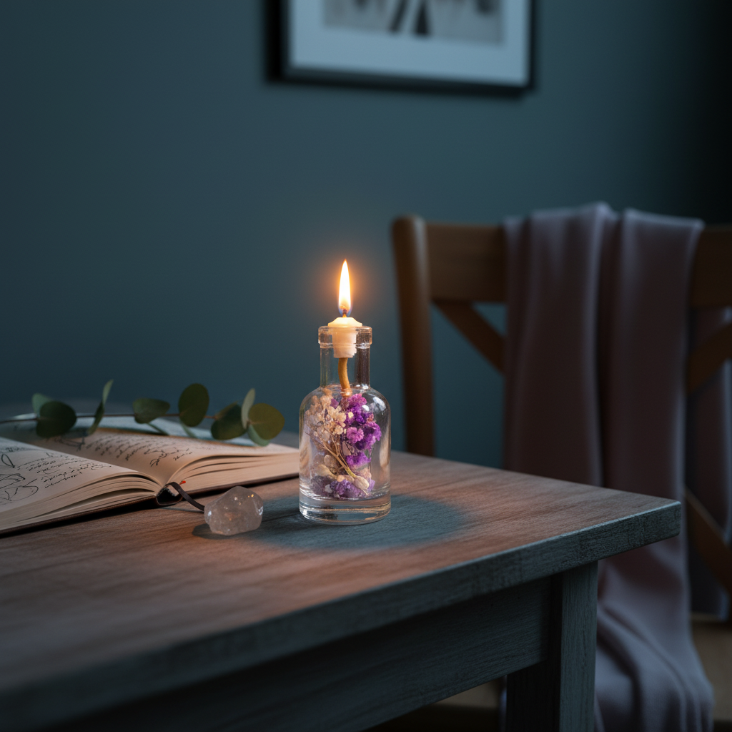 A refillable Aquarius oil candle glowing on a wooden desk beside an open journal, crystal, and eucalyptus stems, with a chair and soft fabric in a dim, calm interior setting. — for Carpe Diem Dream