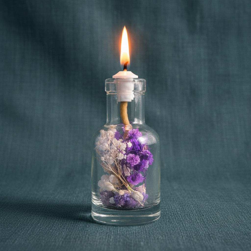 A refillable Aquarius oil candle in a clear glass vessel with dried purple and neutral flowers inside, lit with a steady flame against a deep teal textured background. — for Carpe Diem Dream